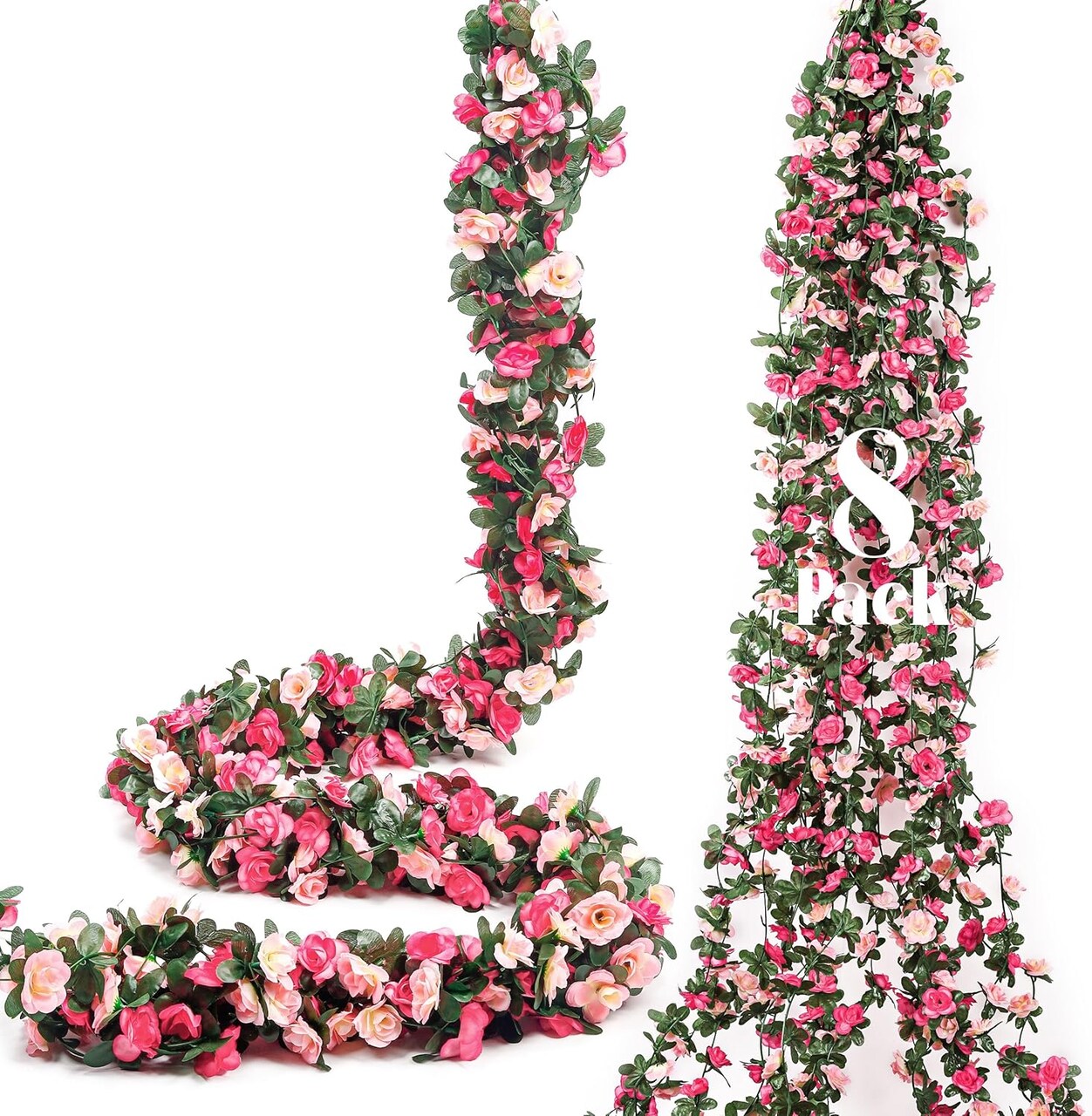 8Pcs 66FT Pink Spring Flower Garland, Artificial Rose Floral Vines Fake Hanging